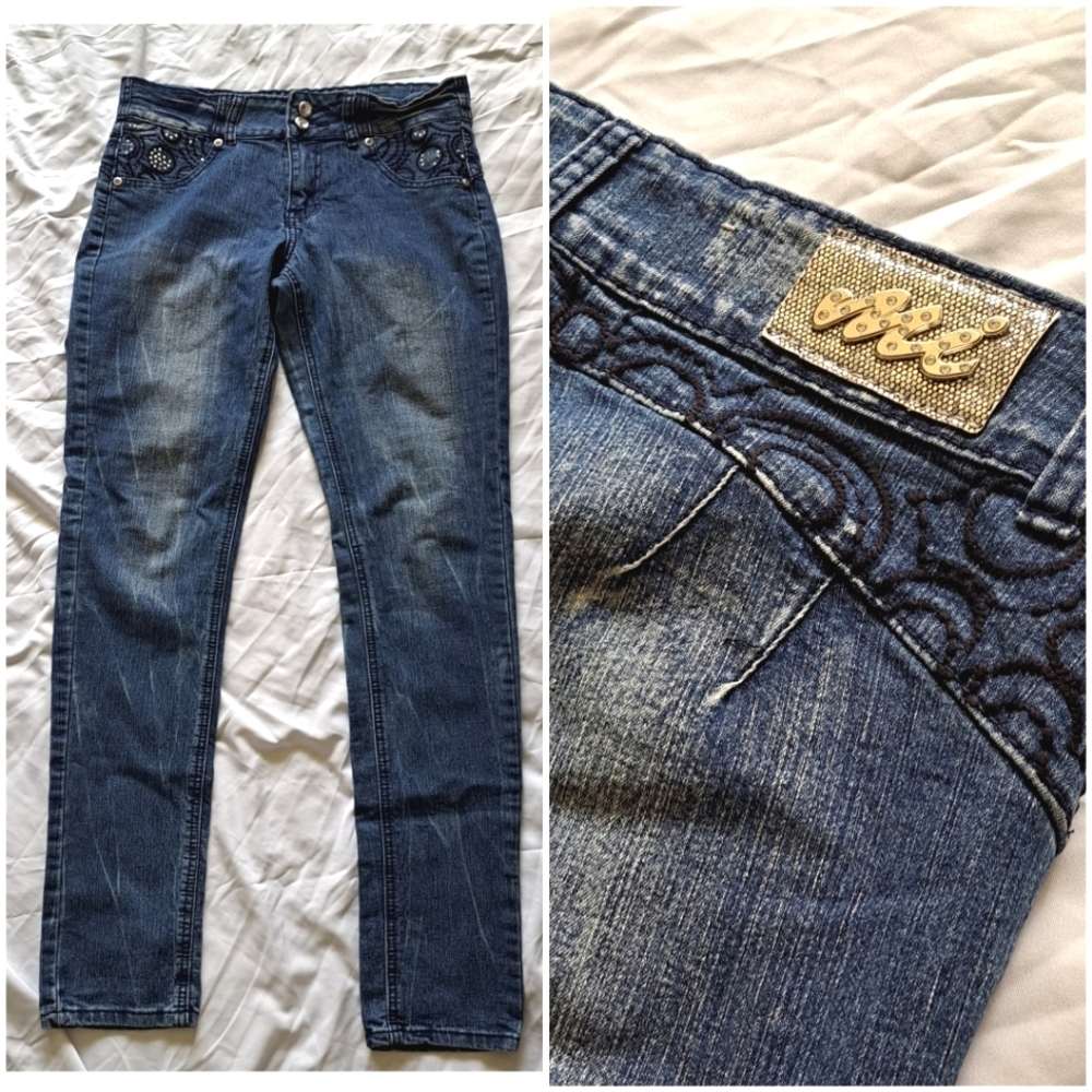 Mi Jeans | Blue embroidered jeans with jewel front buttons women's skinny Jean